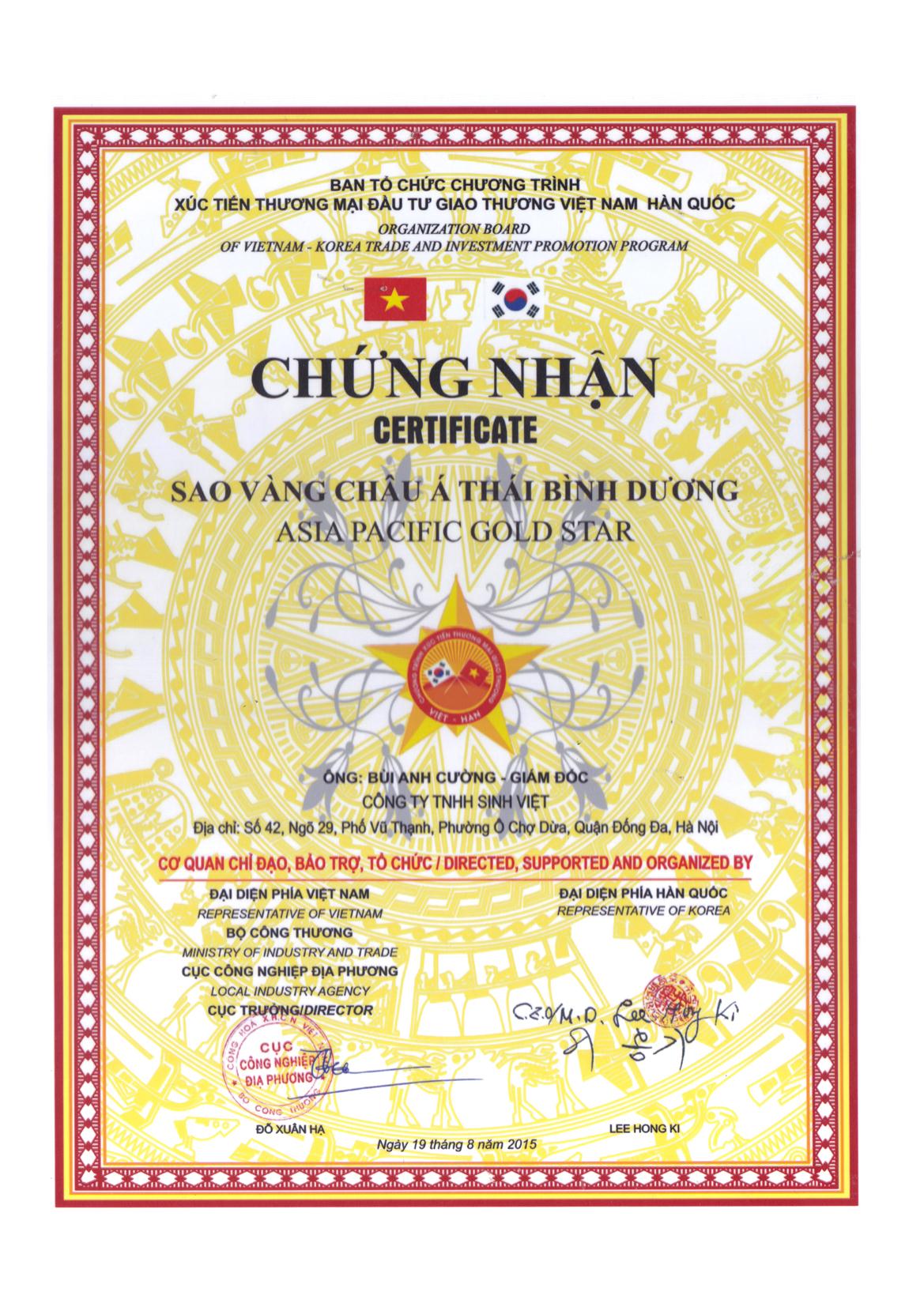 CHỨNG NHẬN SAO VÀNG CHÂU Á THÁI BÌNH DƯƠNG